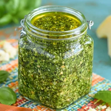 Fresh basil pesto sauce in a bowl with basil leaves and pine nuts.