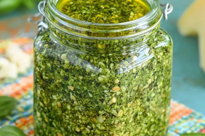 Fresh basil pesto sauce in a bowl with basil leaves and pine nuts.