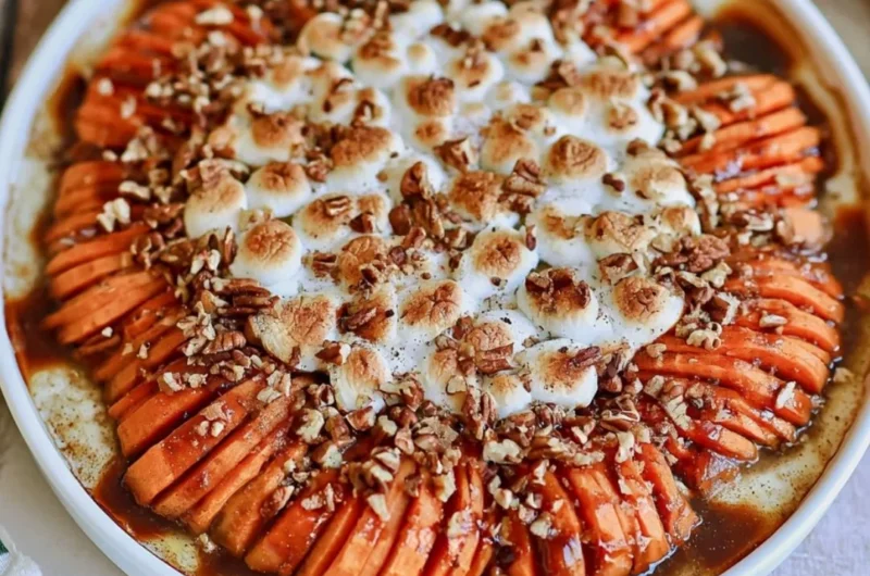 Delicious scalloped sweet potatoes baked to perfection with creamy sauce.