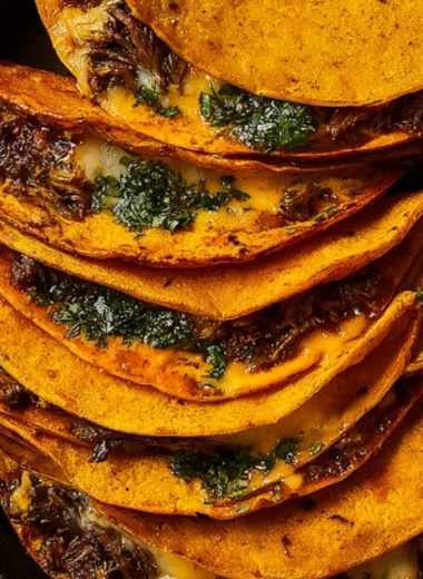 Plate of delicious Birria Tacos with rich broth and toppings