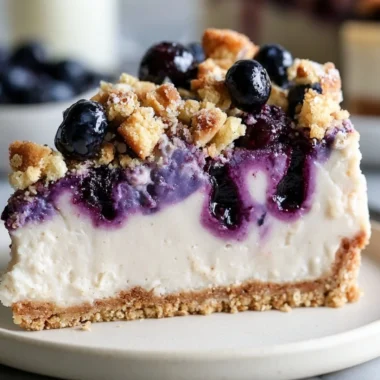Delicious blueberry crumble cheesecake topped with fresh blueberries and crumbly topping