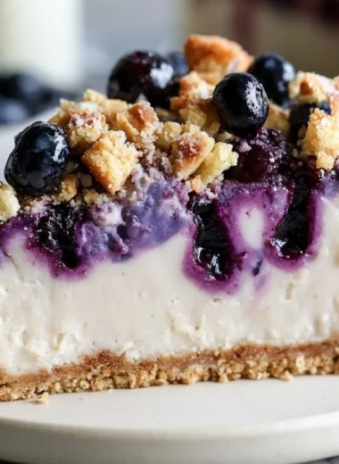 Delicious blueberry crumble cheesecake topped with fresh blueberries and crumbly topping