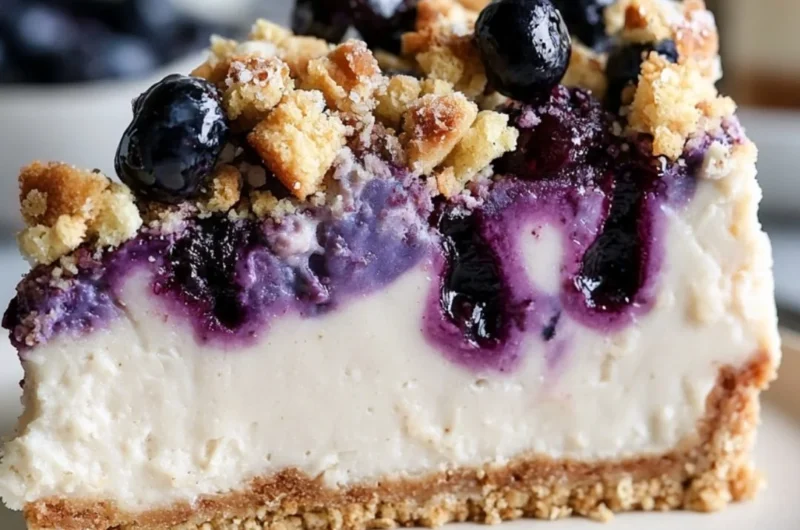 Delicious blueberry crumble cheesecake topped with fresh blueberries and crumbly topping