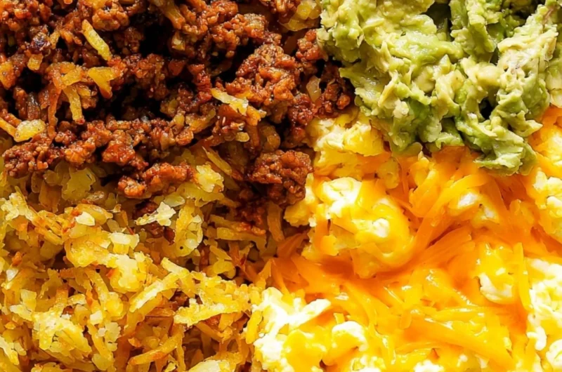 Healthy breakfast burrito bowl filled with eggs, vegetables, and salsa
