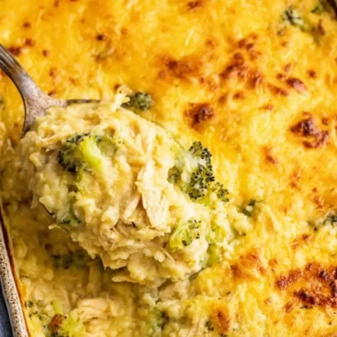 Delicious broccoli, rice, cheese, and chicken casserole ready to be served