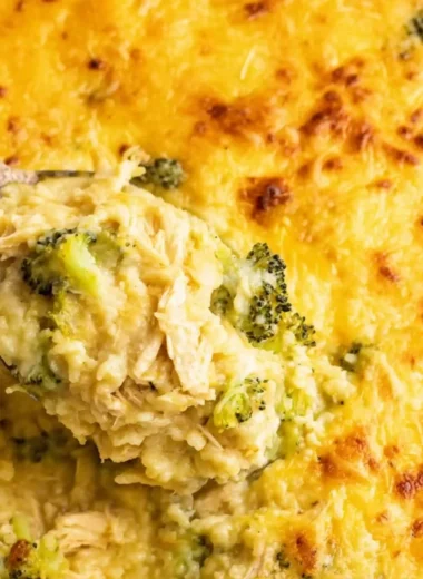 Delicious broccoli, rice, cheese, and chicken casserole ready to be served