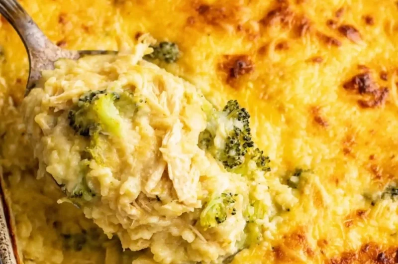 Delicious broccoli, rice, cheese, and chicken casserole ready to be served