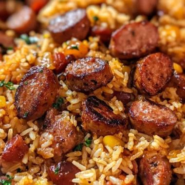Cajun Sausage and Rice Skillet cooking in a pan with colorful ingredients
