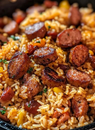 Cajun Sausage and Rice Skillet cooking in a pan with colorful ingredients