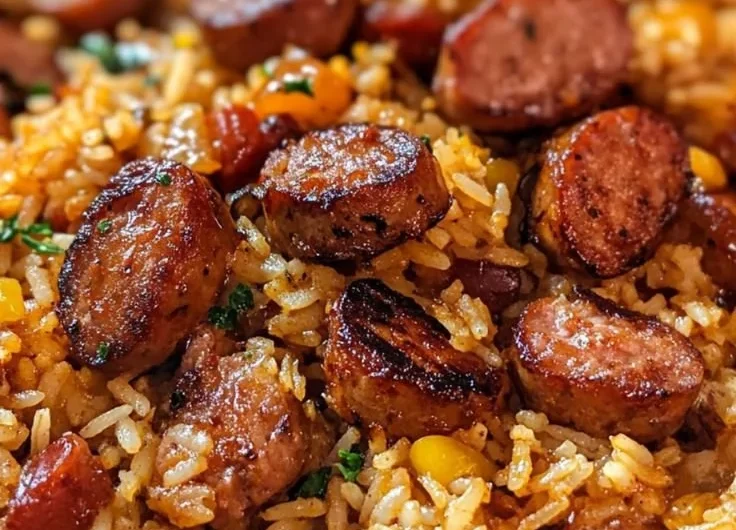 Cajun Sausage and Rice Skillet cooking in a pan with colorful ingredients