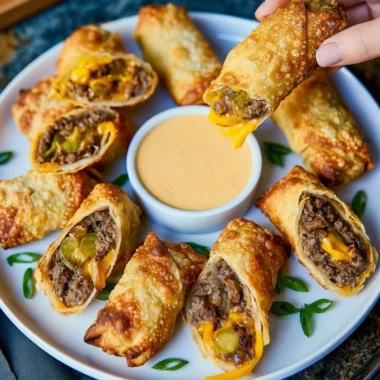 Cheeseburger Eggroll filled with juicy beef and Grillo's Pickles®