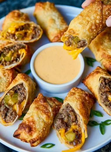 Cheeseburger Eggroll filled with juicy beef and Grillo's Pickles®