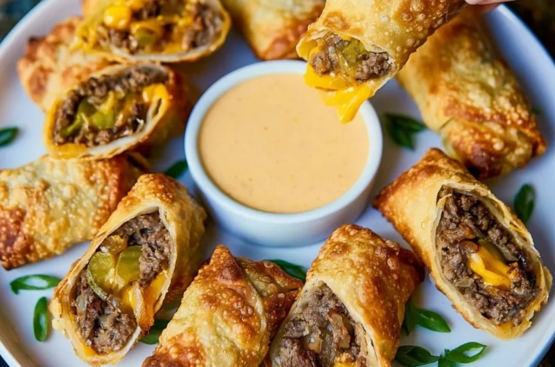 Cheeseburger Eggroll filled with juicy beef and Grillo's Pickles®
