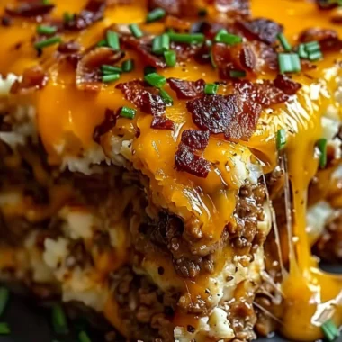 Cheesy Loaded Meatloaf Casserole topped with melty cheese and savory ingredients