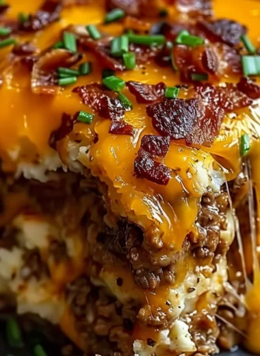 Cheesy Loaded Meatloaf Casserole topped with melty cheese and savory ingredients