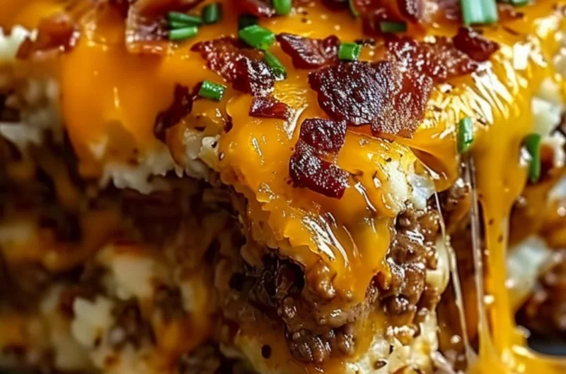 Cheesy Loaded Meatloaf Casserole topped with melty cheese and savory ingredients