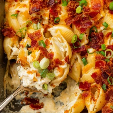 Delicious Chicken Bacon Ranch Casserole topped with crispy bacon and ranch seasoning