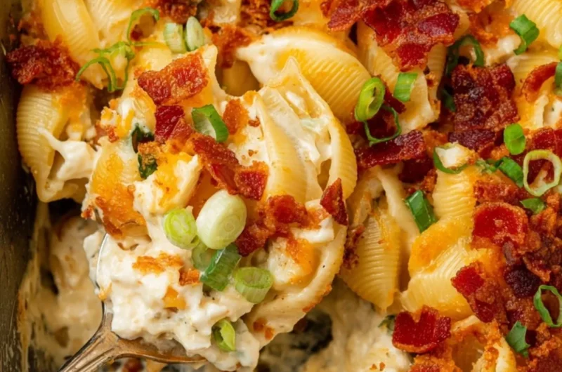 Delicious Chicken Bacon Ranch Casserole topped with crispy bacon and ranch seasoning