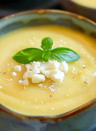 Chilled pineapple soup in a bowl garnished with mint leaves