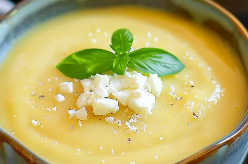 Chilled pineapple soup in a bowl garnished with mint leaves