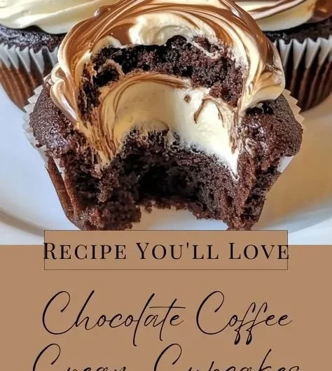 Delicious chocolate coffee cream cupcakes topped with rich frosting.