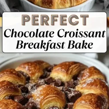Delicious chocolate croissant breakfast bake topped with chocolate and pastry.