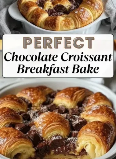 Delicious chocolate croissant breakfast bake topped with chocolate and pastry.