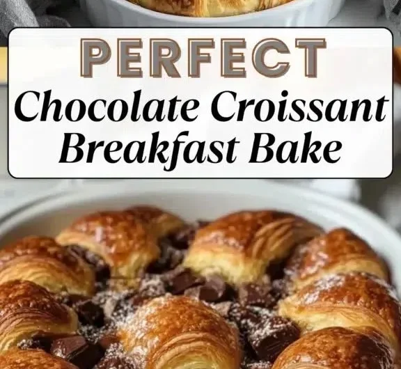 Delicious chocolate croissant breakfast bake topped with chocolate and pastry.