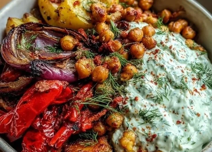 A platter of classic Mediterranean roasted vegetables including bell peppers, zucchini, and eggplant.