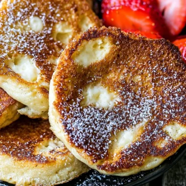 Fluffy cottage cheese pancakes served with syrup and fruit.