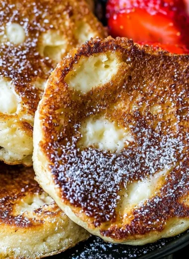 Fluffy cottage cheese pancakes served with syrup and fruit.