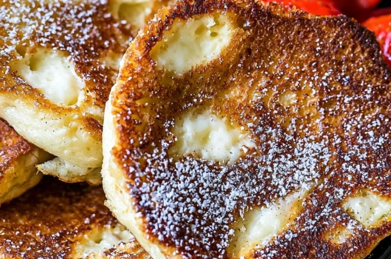 Fluffy cottage cheese pancakes served with syrup and fruit.