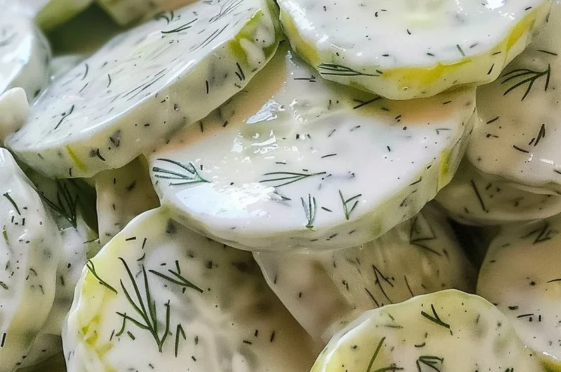 Cozy creamy cucumber salad with fresh ingredients in a bowl
