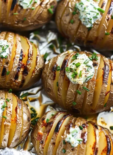 Cozy Hasselback Potatoes topped with chive butter in a rustic setting.