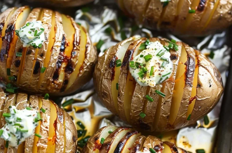 Cozy Hasselback Potatoes topped with chive butter in a rustic setting.