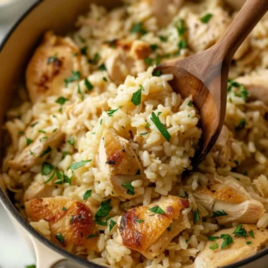 Cozy one-pot garlic parmesan chicken and rice dish garnished with parsley.