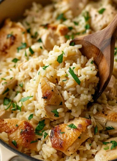 Cozy one-pot garlic parmesan chicken and rice dish garnished with parsley.