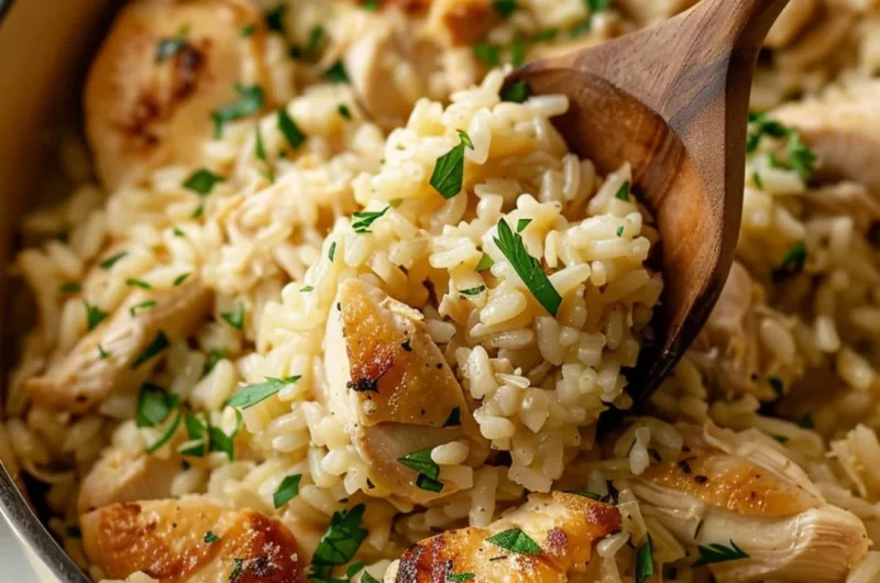 Cozy one-pot garlic parmesan chicken and rice dish garnished with parsley.