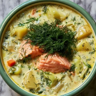 Bowl of creamy dill salmon soup with potatoes and leeks garnished with fresh dill.