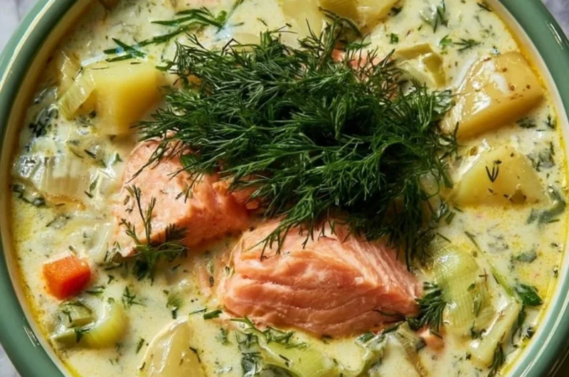 Bowl of creamy dill salmon soup with potatoes and leeks garnished with fresh dill.