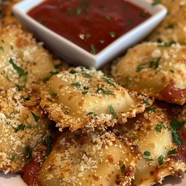 Golden crispy air fryer ravioli on a plate ready to be served