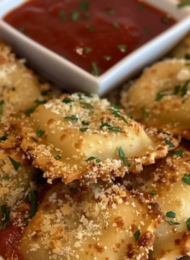 Golden crispy air fryer ravioli on a plate ready to be served