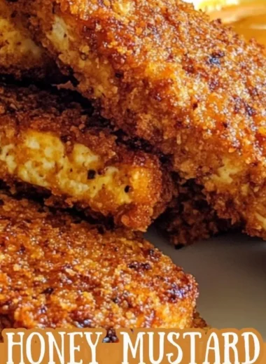 Crispy baked honey mustard tofu tenders on a plate with dipping sauce