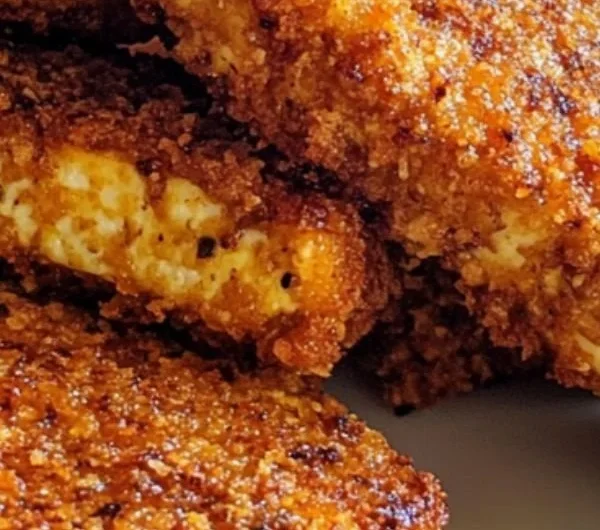 Crispy baked honey mustard tofu tenders on a plate with dipping sauce