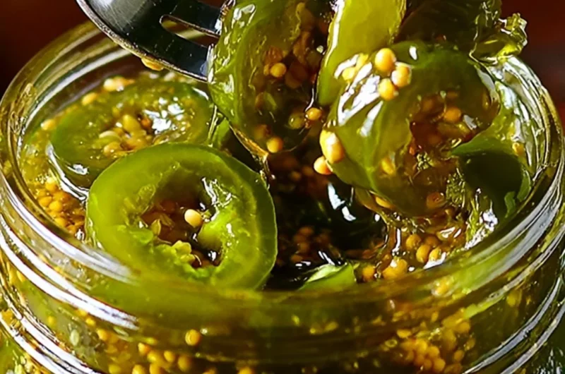 Jar of homemade cowboy candy with jalapeños and syrup