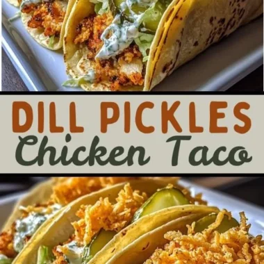 Dill Pickle Ranch Smash Chicken Tacos garnished with pickles and ranch dressing