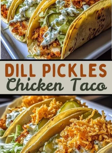 Dill Pickle Ranch Smash Chicken Tacos garnished with pickles and ranch dressing
