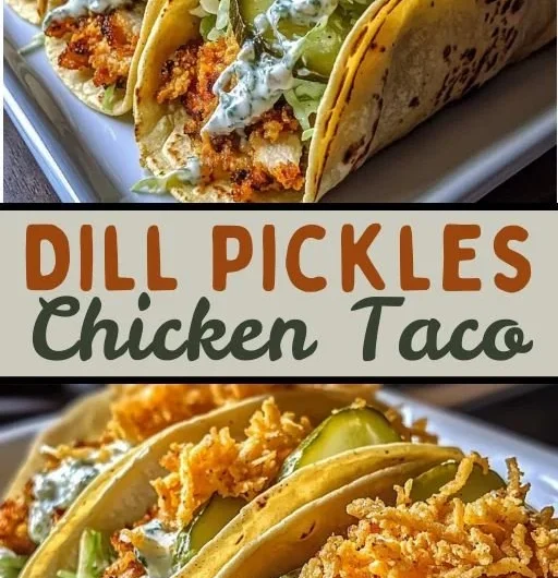 Dill Pickle Ranch Smash Chicken Tacos garnished with pickles and ranch dressing