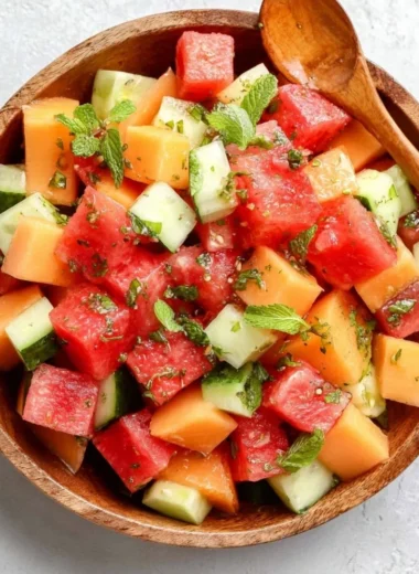 Easy melon salad with honey lime dressing in a bowl, garnished with mint leaves.