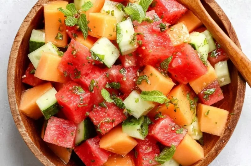 Easy melon salad with honey lime dressing in a bowl, garnished with mint leaves.